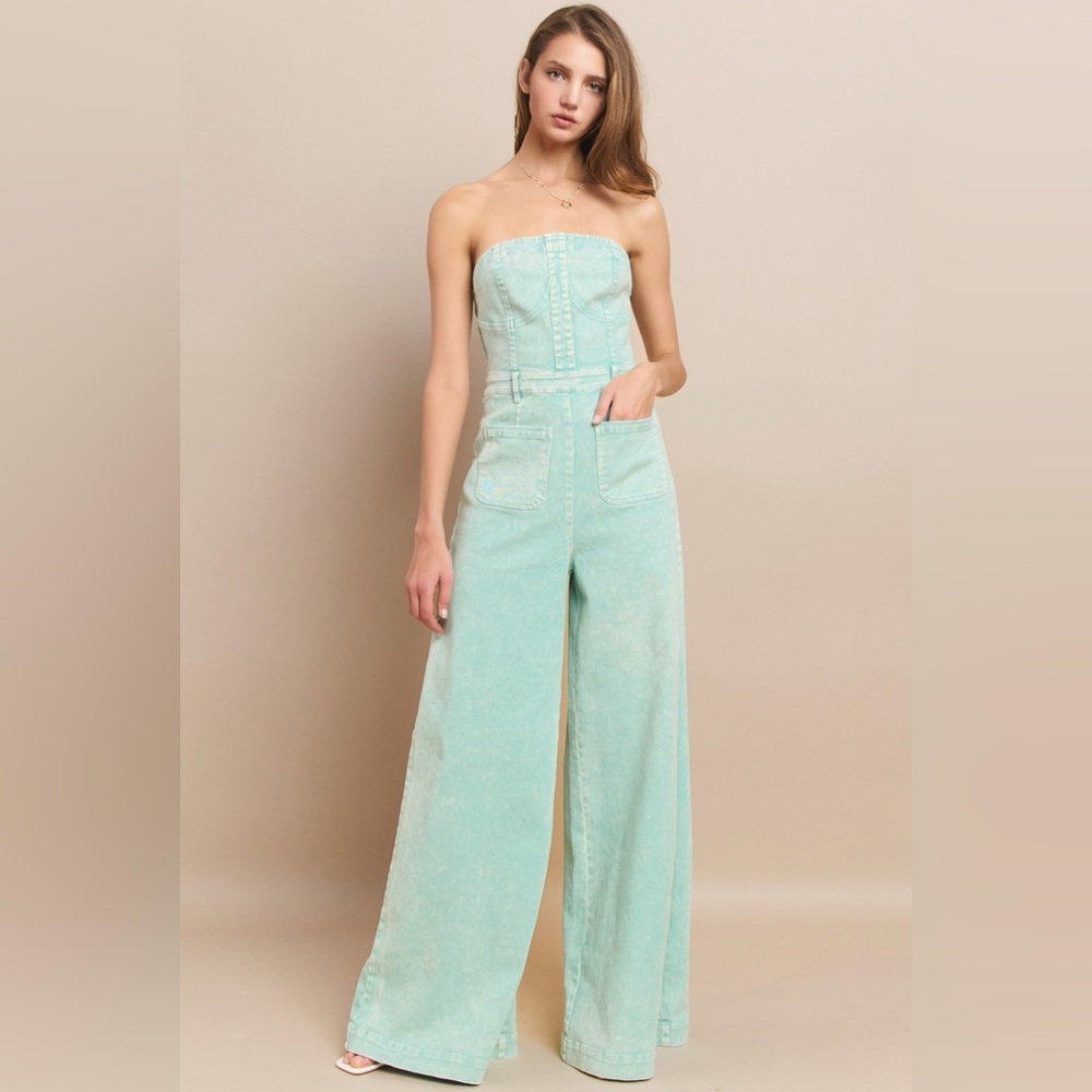 WIDE LEG MINERAL ACID WASH TUBE TOP DENIM JUMPSUIT